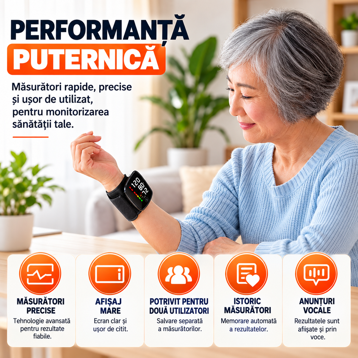 Tensiometru Digital de Încheietură, Ecran LED Mare, Măsurare Automată, Detectare Puls Neregulat, Memorie, Anunț Vocal, USB-C, Negru