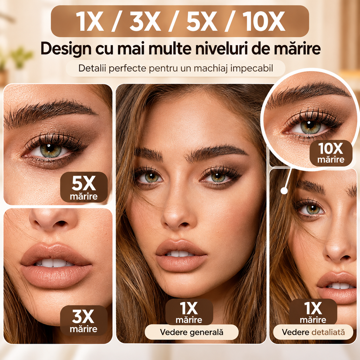 Oglindă Cosmetică LED pentru Machiaj – Pliabilă, cu Mărire, 3 Tipuri de Lumină, Intensitate Reglabilă, Control Touch, Albă