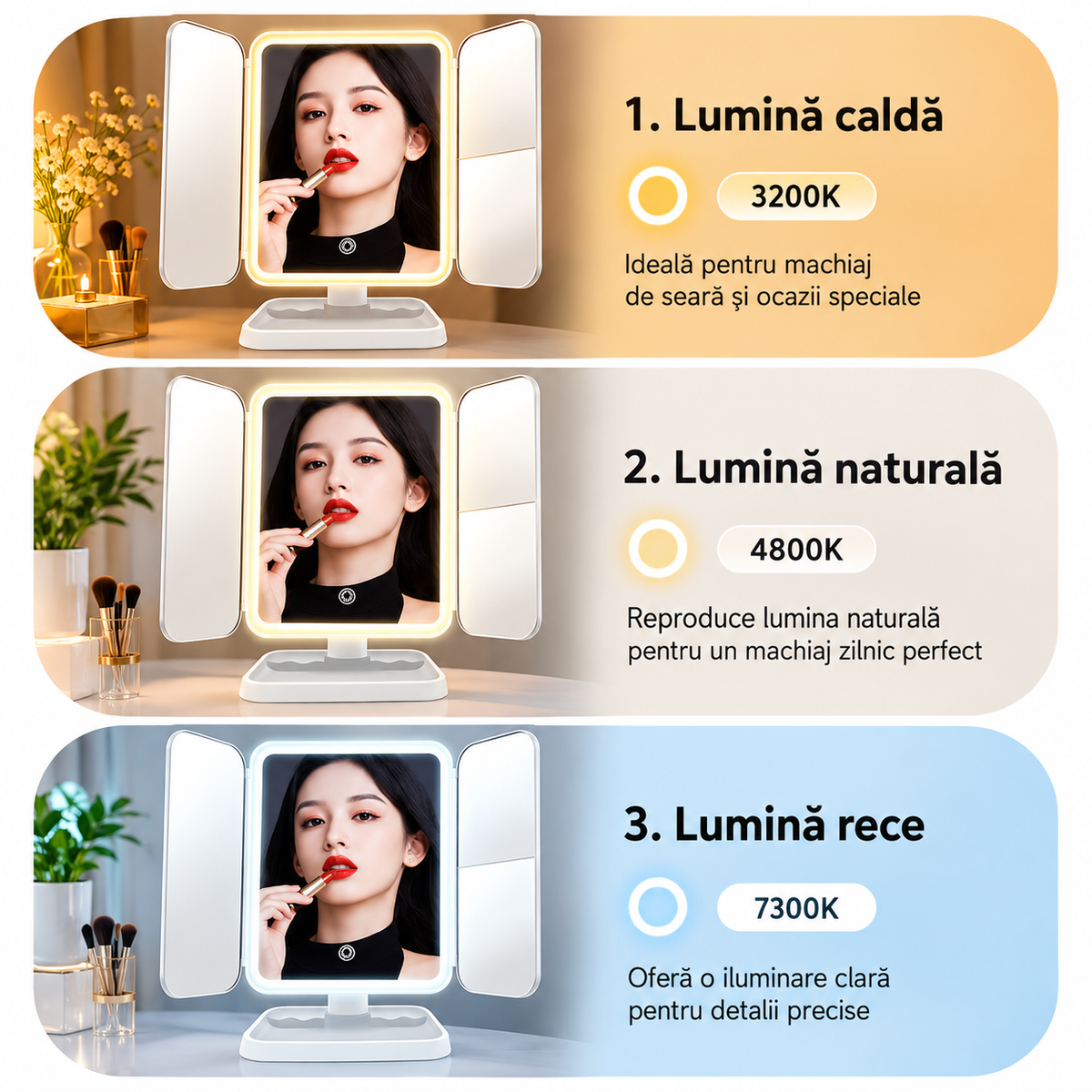 Oglindă Cosmetică LED pentru Machiaj – Pliabilă, cu Mărire, 3 Tipuri de Lumină, Intensitate Reglabilă, Control Touch, Albă