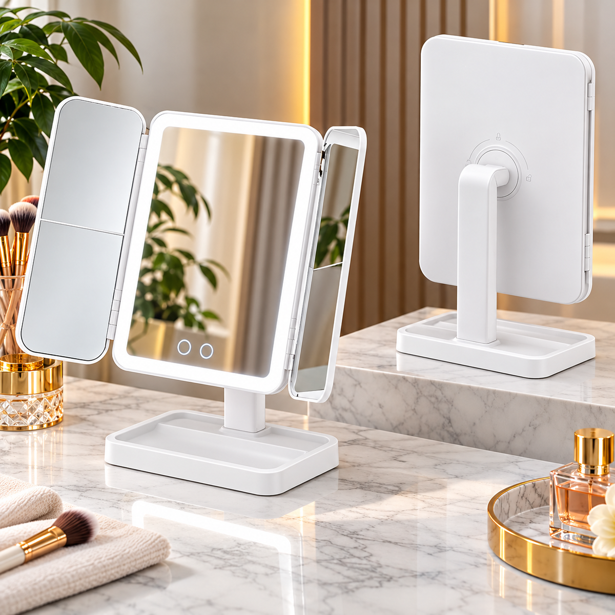 Oglindă Cosmetică LED pentru Machiaj – Pliabilă, cu Mărire, 3 Tipuri de Lumină, Intensitate Reglabilă, Control Touch, Albă