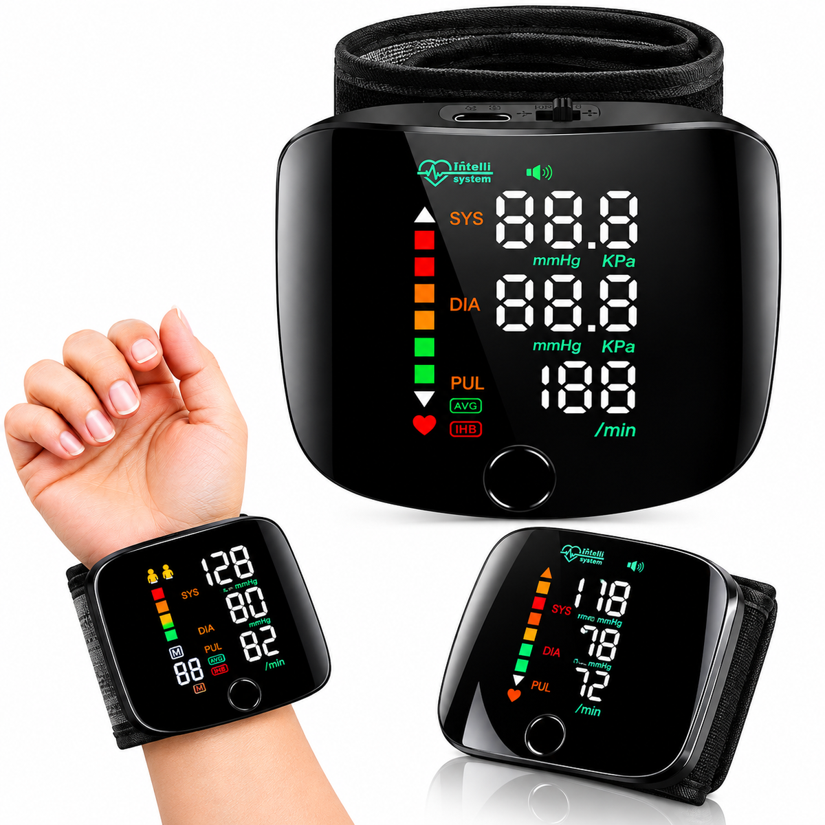 Tensiometru Digital de Încheietură, Ecran LED Mare, Măsurare Automată, Detectare Puls Neregulat, Memorie, Anunț Vocal, USB-C, Negru