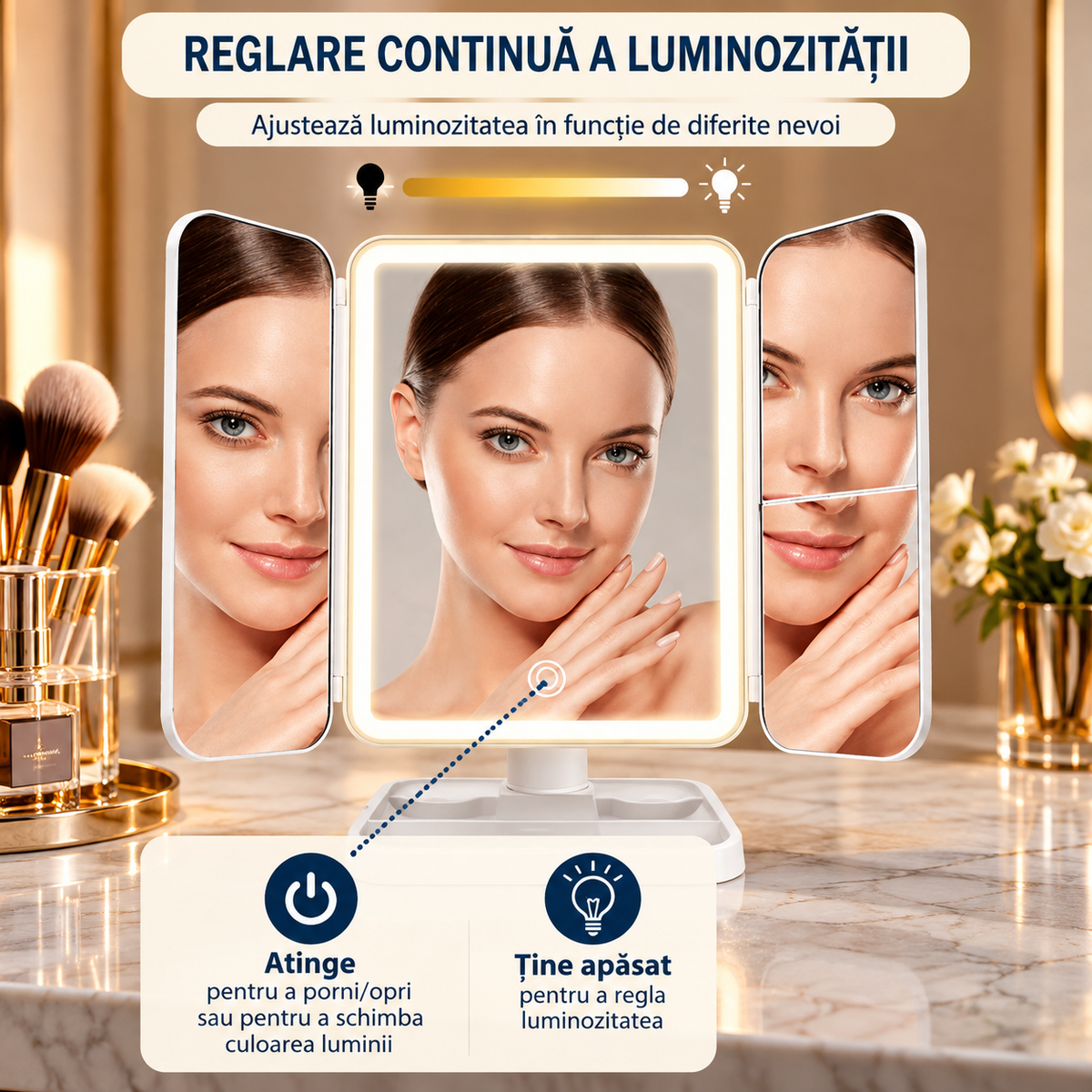 Oglindă Cosmetică LED pentru Machiaj – Pliabilă, cu Mărire, 3 Tipuri de Lumină, Intensitate Reglabilă, Control Touch, Albă