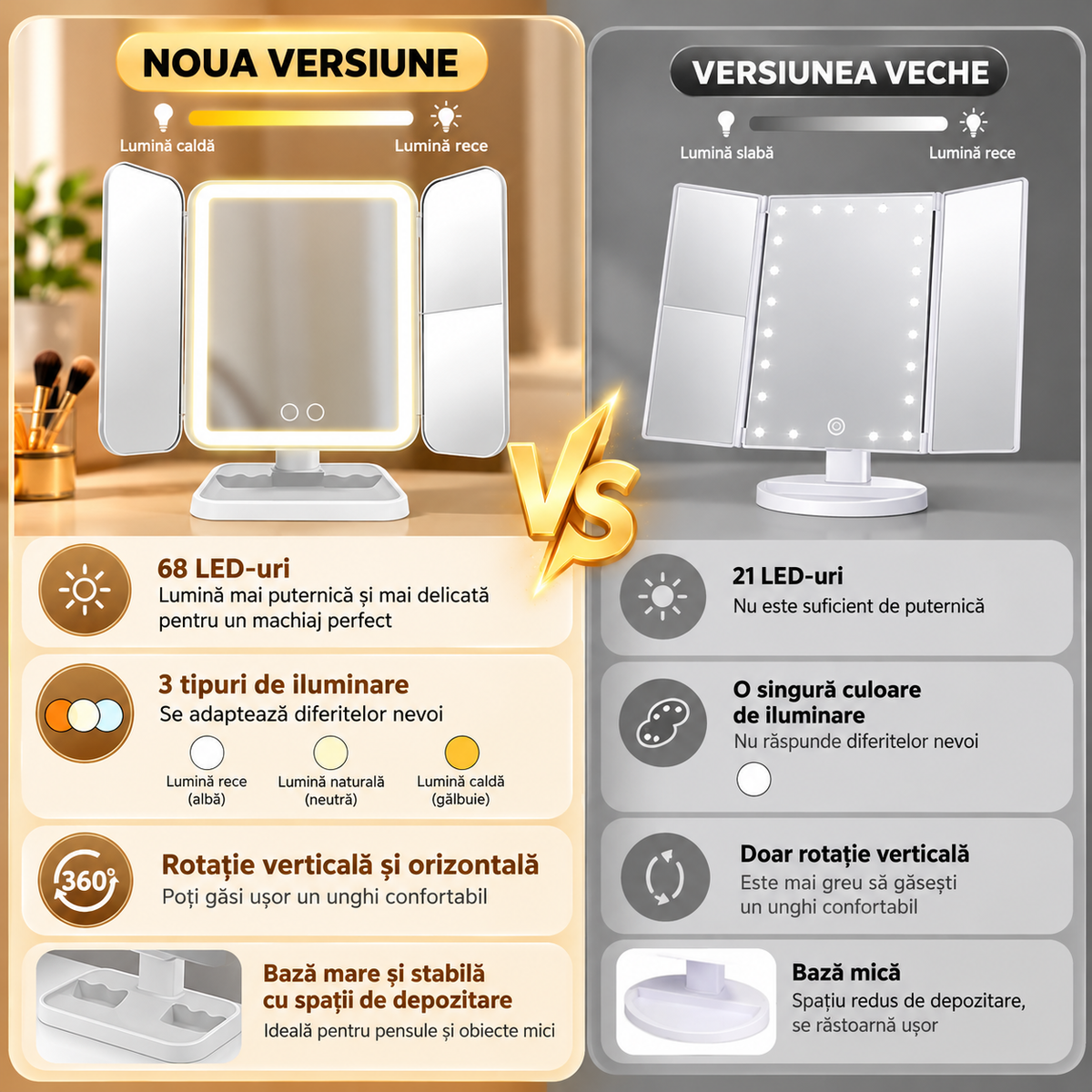 Oglindă Cosmetică LED pentru Machiaj – Pliabilă, cu Mărire, 3 Tipuri de Lumină, Intensitate Reglabilă, Control Touch, Albă