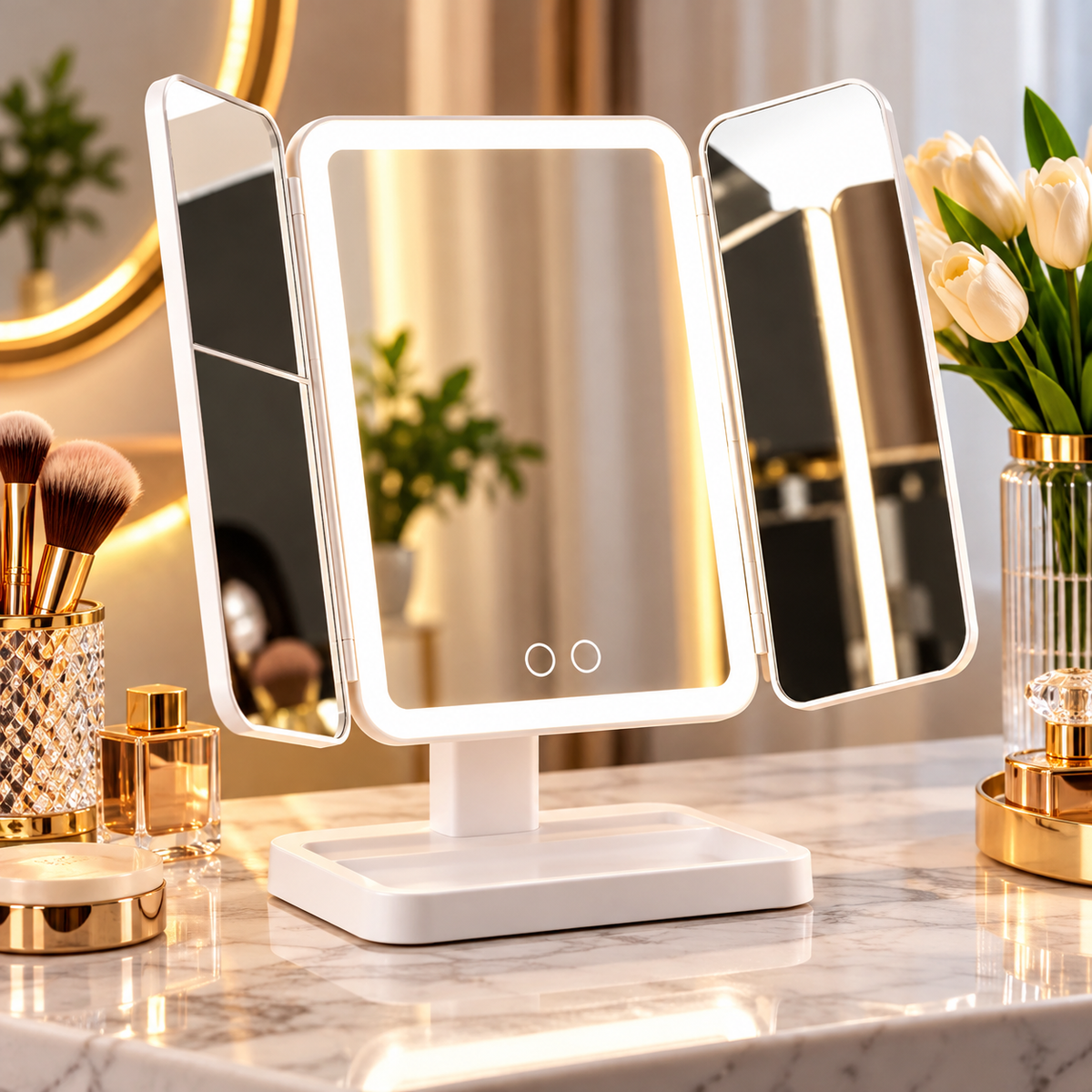 Oglindă Cosmetică LED pentru Machiaj – Pliabilă, cu Mărire, 3 Tipuri de Lumină, Intensitate Reglabilă, Control Touch, Albă