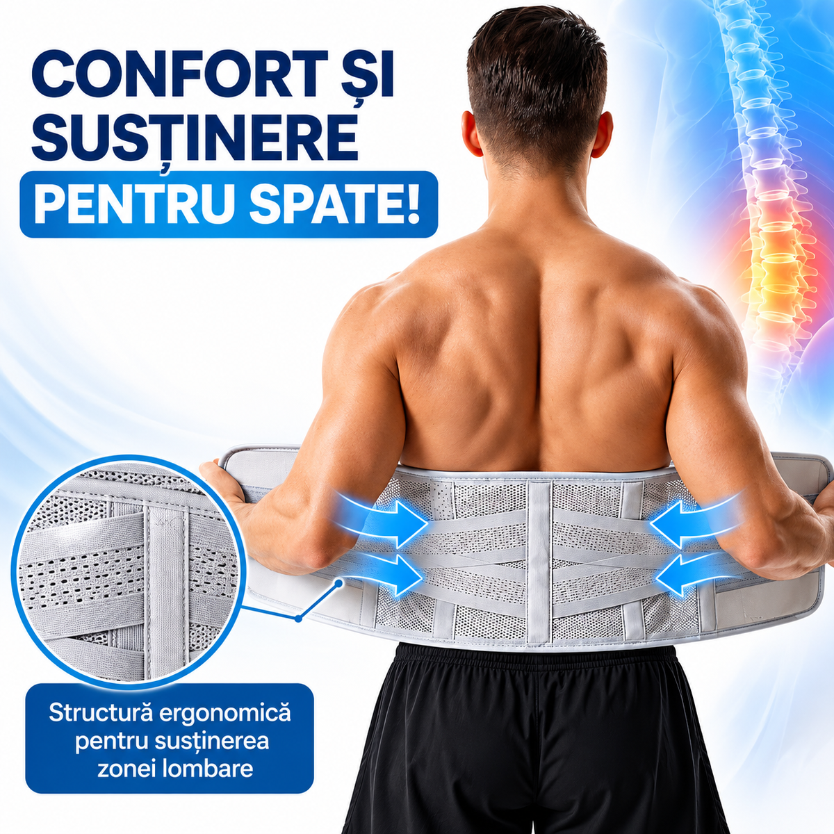 Centură Lombară Ajustabilă, Suport pentru Spate, Compresie Dublă, Material Respirabil, Fixare Velcro, Unisex, Gri