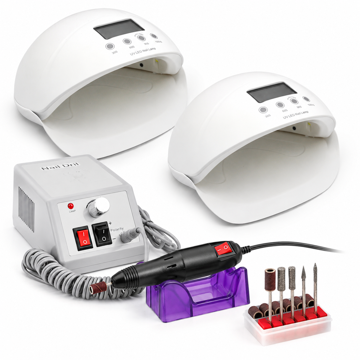 Set Profesional Manichiură UV LED – Freză Electrică Unghii + 2 Lămpi UV/LED pentru Gel, Semi și Pedichiură | Kit Complet Salon Acasă