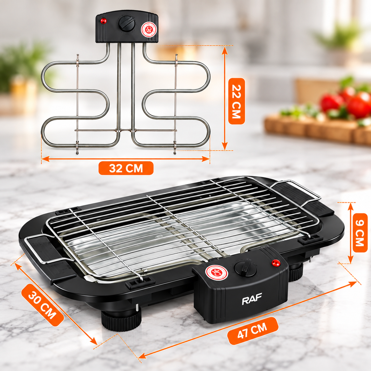 Grătar Electric RAF 2000W, 5 Trepte de Temperatură, Grilaj Inox, Termostat Reglabil, Negru