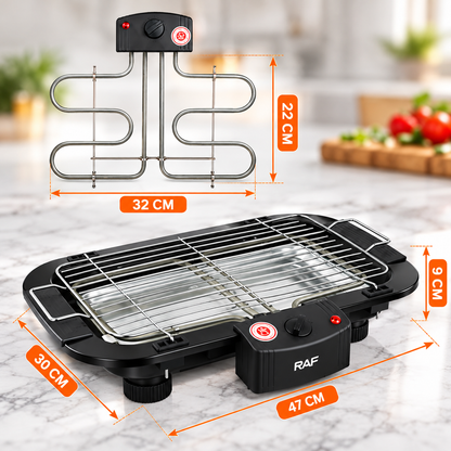 Grătar Electric RAF 2000W, 5 Trepte de Temperatură, Grilaj Inox, Termostat Reglabil, Negru