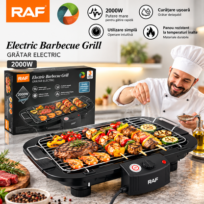 Grătar Electric RAF 2000W, 5 Trepte de Temperatură, Grilaj Inox, Termostat Reglabil, Negru