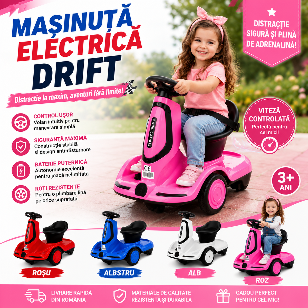 Mașinuță Electrică Drift pentru Copii cu Pedală de Accelerație și Telecomandă, 4 Culori Disponibile, Lumini LED, Acumulator Reîncărcabil