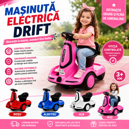Mașinuță Electrică Drift pentru Copii cu Pedală de Accelerație și Telecomandă, 4 Culori Disponibile, Lumini LED, Acumulator Reîncărcabil
