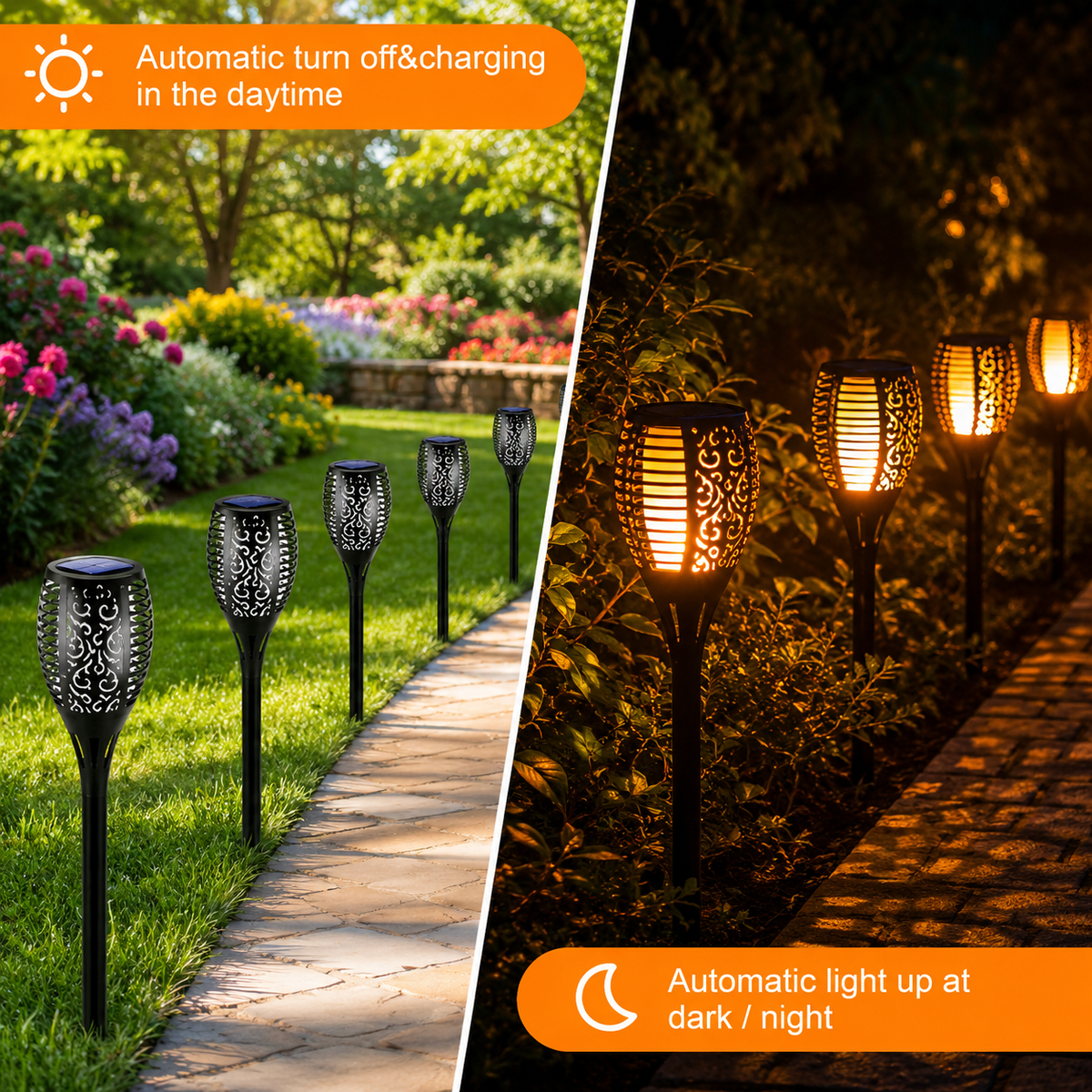 Set 10 Lămpi Solare Tip Torță LED, Efect Flacără, 50 cm, pentru Grădină și Alei