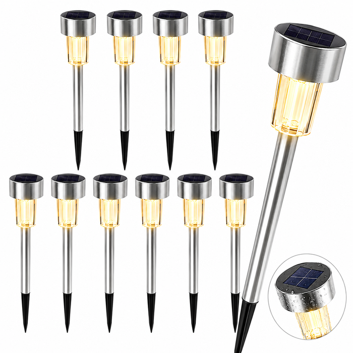 Set 12 Lămpi Solare LED pentru Grădină, Inox, Senzor de Lumină, IP44, 6500K