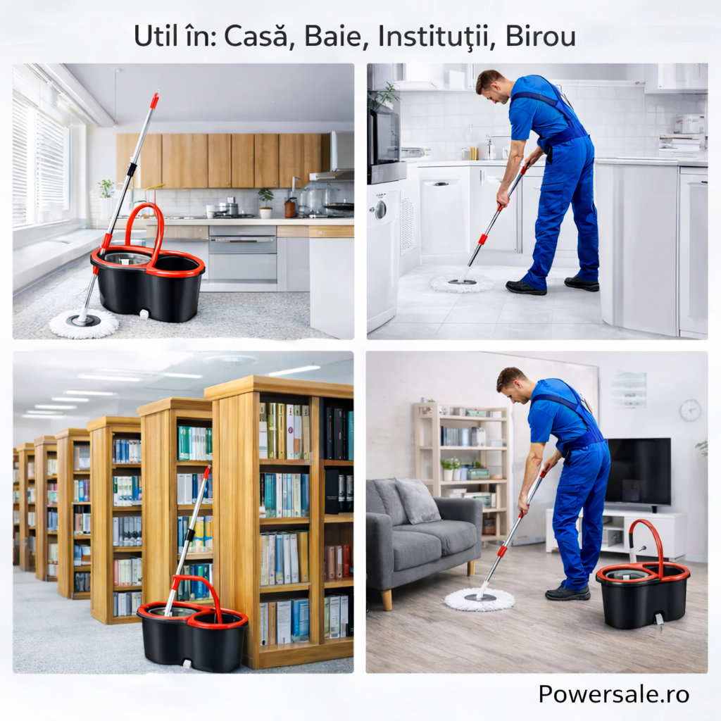 Set Mop Rotativ 360° cu Galeata Dubla, Maner Inox si 5 Rezerve Microfibra