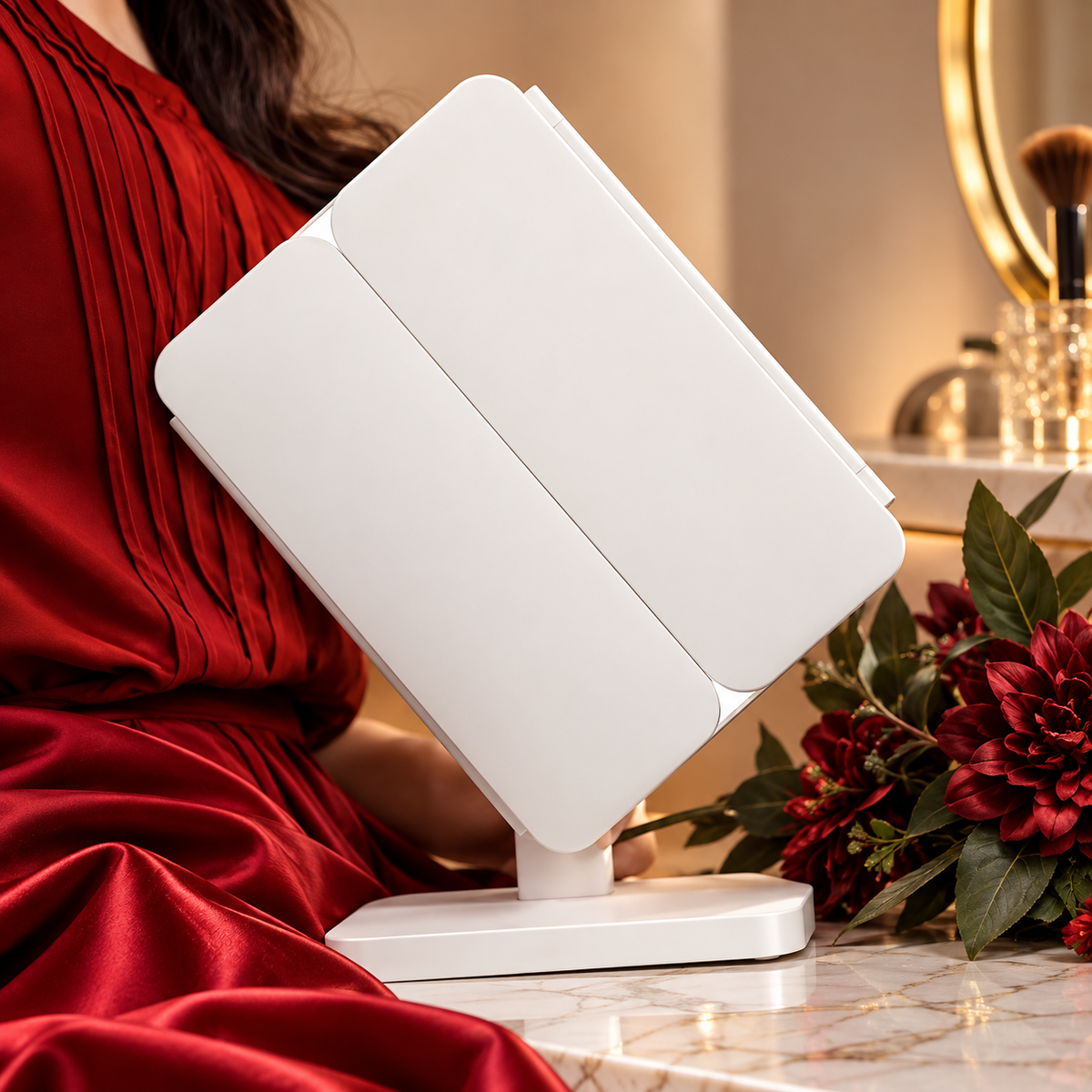 Oglindă Cosmetică LED pentru Machiaj – Pliabilă, cu Mărire, 3 Tipuri de Lumină, Intensitate Reglabilă, Control Touch, Albă
