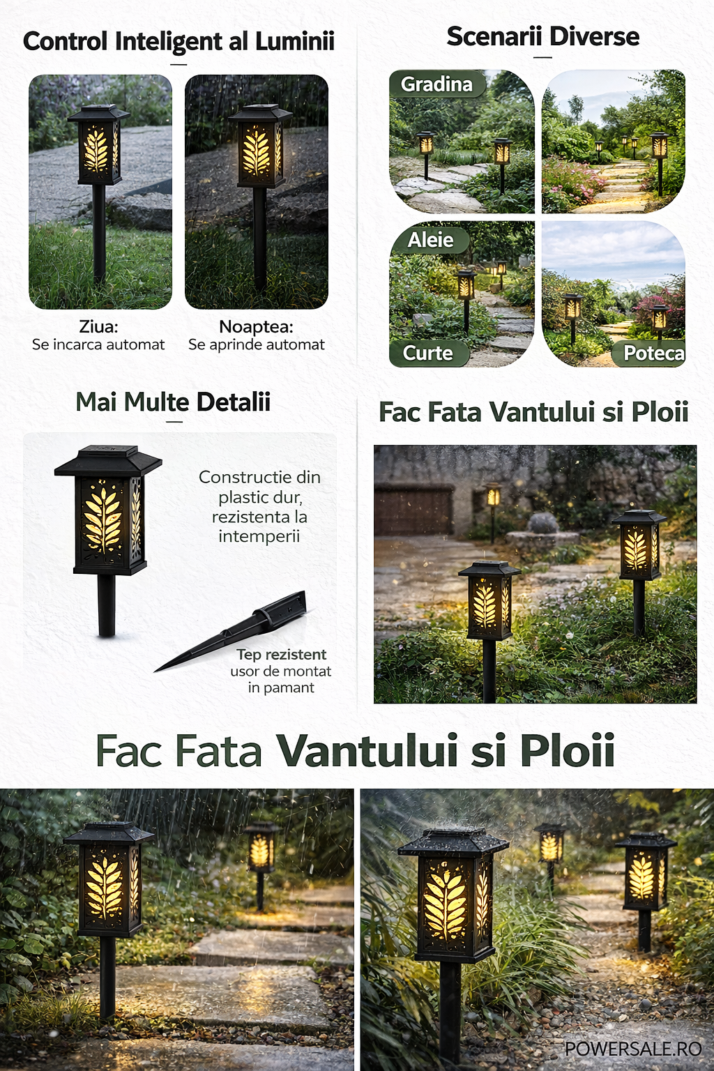 Set 12 Bucăți – Lampă Solară Decorativă pentru Grădină, Model Frunze, IP44, ABS Negru