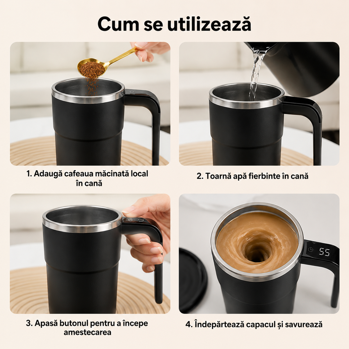 Cană Automată cu Amestecare Magnetică, Inox, Afișaj Temperatură, USB Type-C