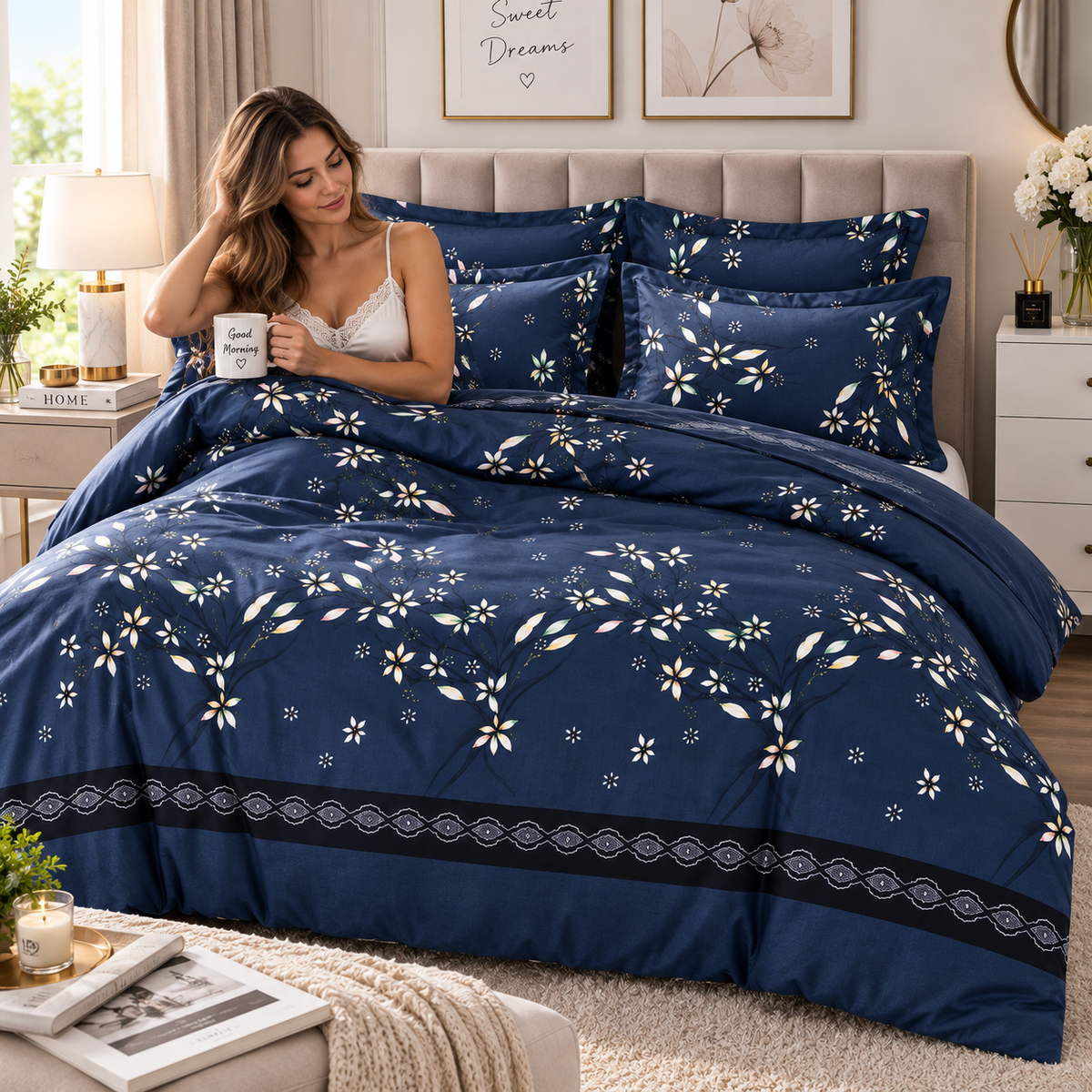 Lenjerie de Pat din Finet, 4 Piese, Model Floral, Bleumarin