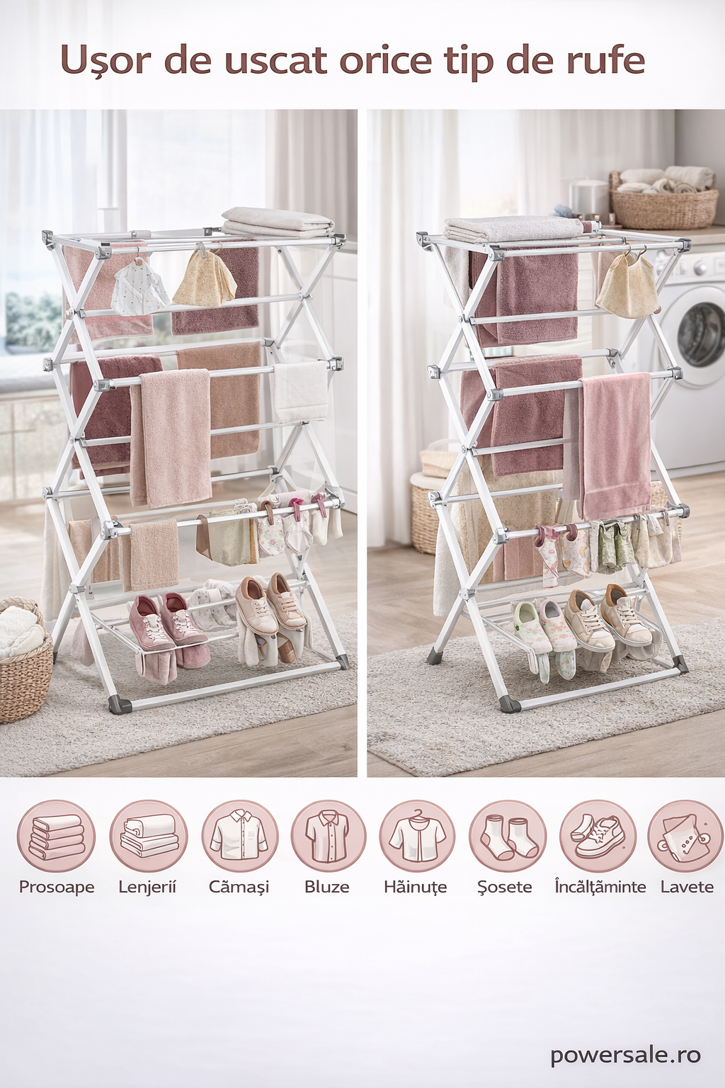 Uscător de rufe vertical pliabil 40-75x37x105 cm – Suport uscare haine compact, extensibil și stabil pentru interior
