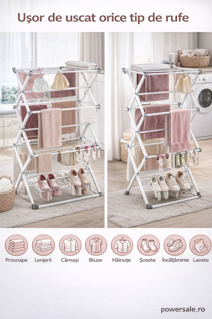 Uscător de rufe vertical pliabil 40-75x37x105 cm – Suport uscare haine compact, extensibil și stabil pentru interior