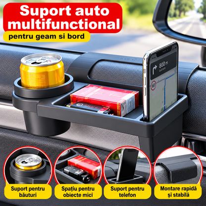 Suport Auto Multifuncțional 3 în 1 – Organizator cu Suport Pahar, Telefon și Spațiu pentru Obiecte