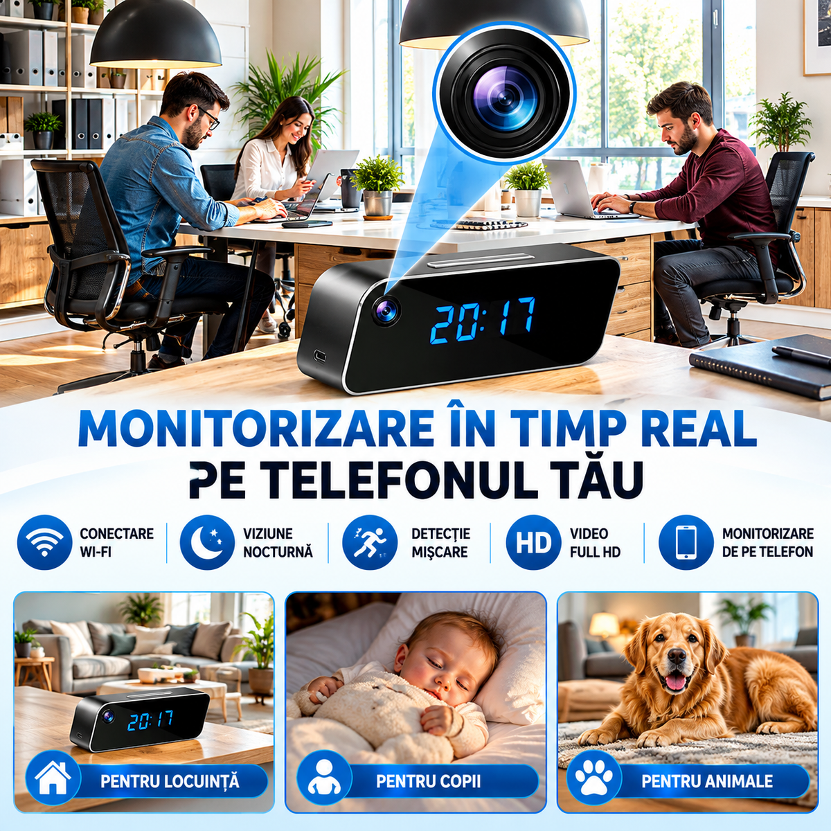 Ceas Digital cu Cameră de Supraveghere WiFi, Full HD 1080P, Viziune Nocturnă, Detecție Mișcare, Microfon, Negru