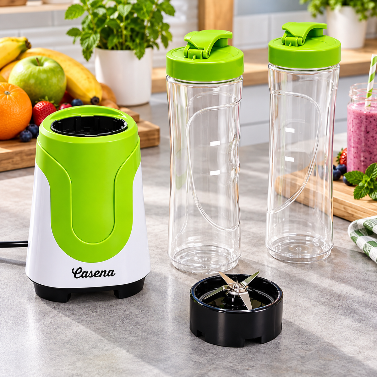 Blender Personal Casena Victor 180W, 2 Recipiente 600 ml, Alb-Verde