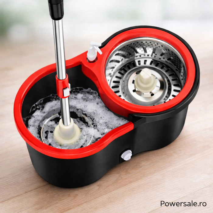 Set Mop Rotativ 360° cu Galeata Dubla, Maner Inox si 5 Rezerve Microfibra