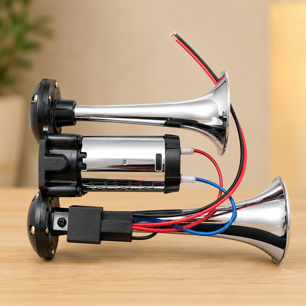 Claxon Auto 12V cu 2 Goarne Cromate și Compresor Inclus
