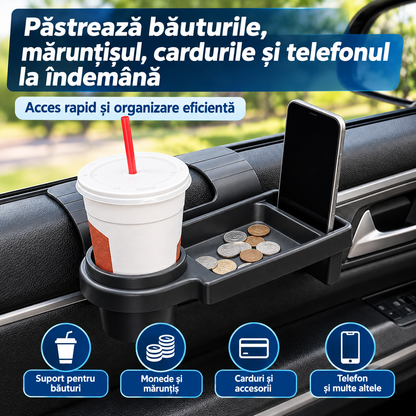 Suport Auto Multifuncțional 3 în 1 – Organizator cu Suport Pahar, Telefon și Spațiu pentru Obiecte