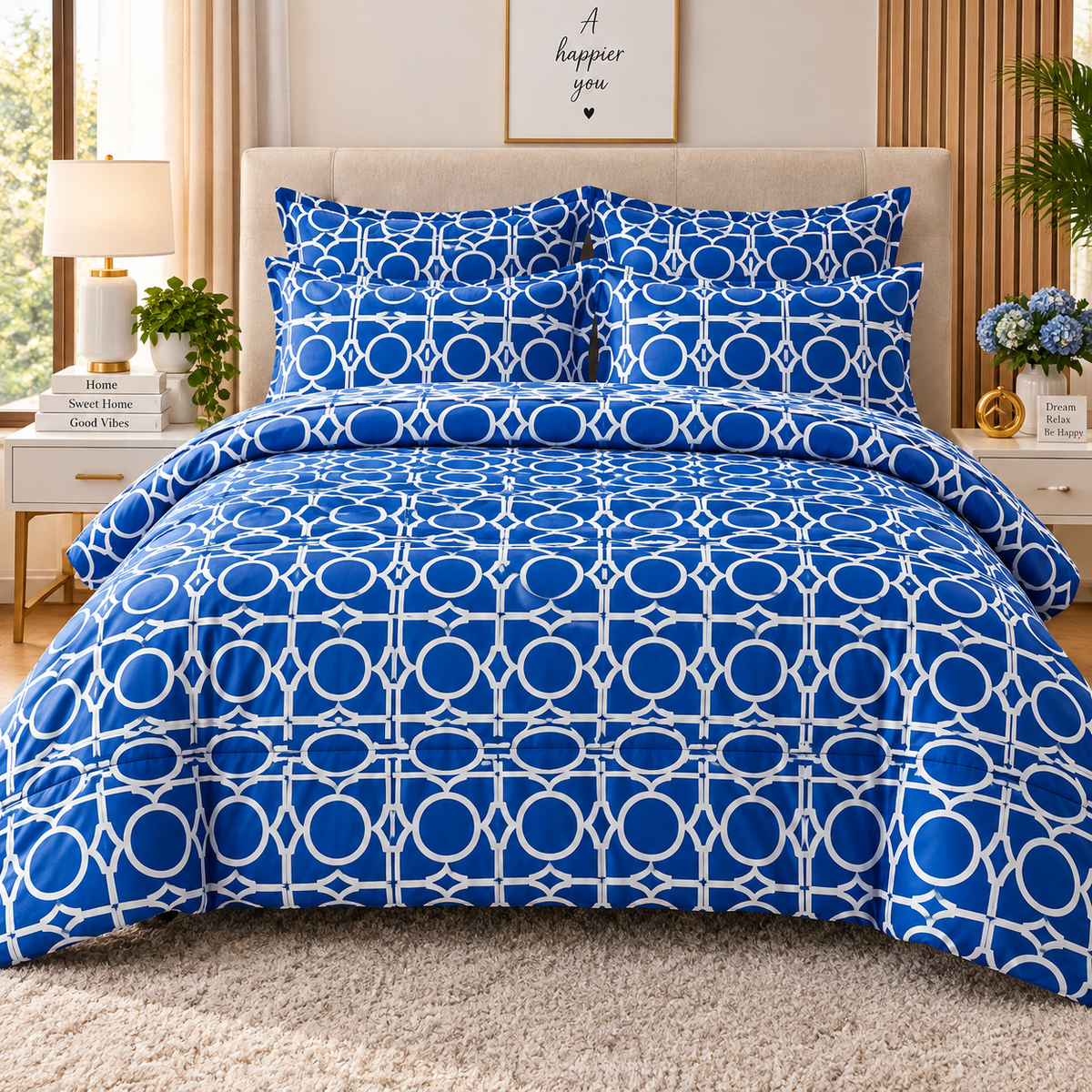 Lenjerie de Pat din Finet, 4 Piese, Albastru cu Model Geometric