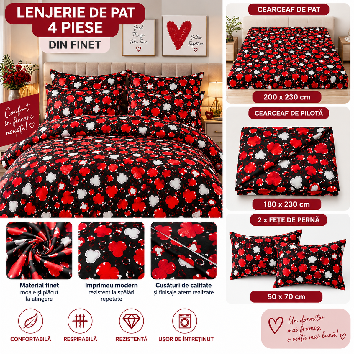 Lenjerie de Pat din Finet, 4 Piese, Model  Negru-Roșu