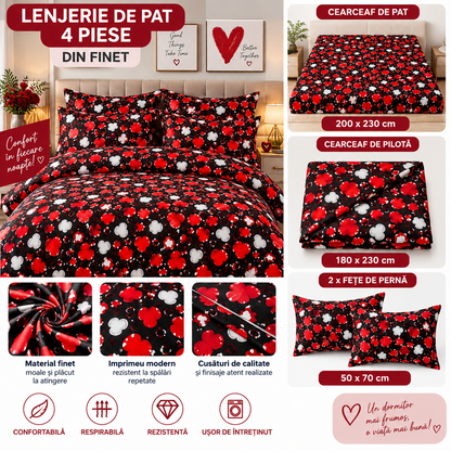 Lenjerie de Pat din Finet, 4 Piese, Model  Negru-Roșu
