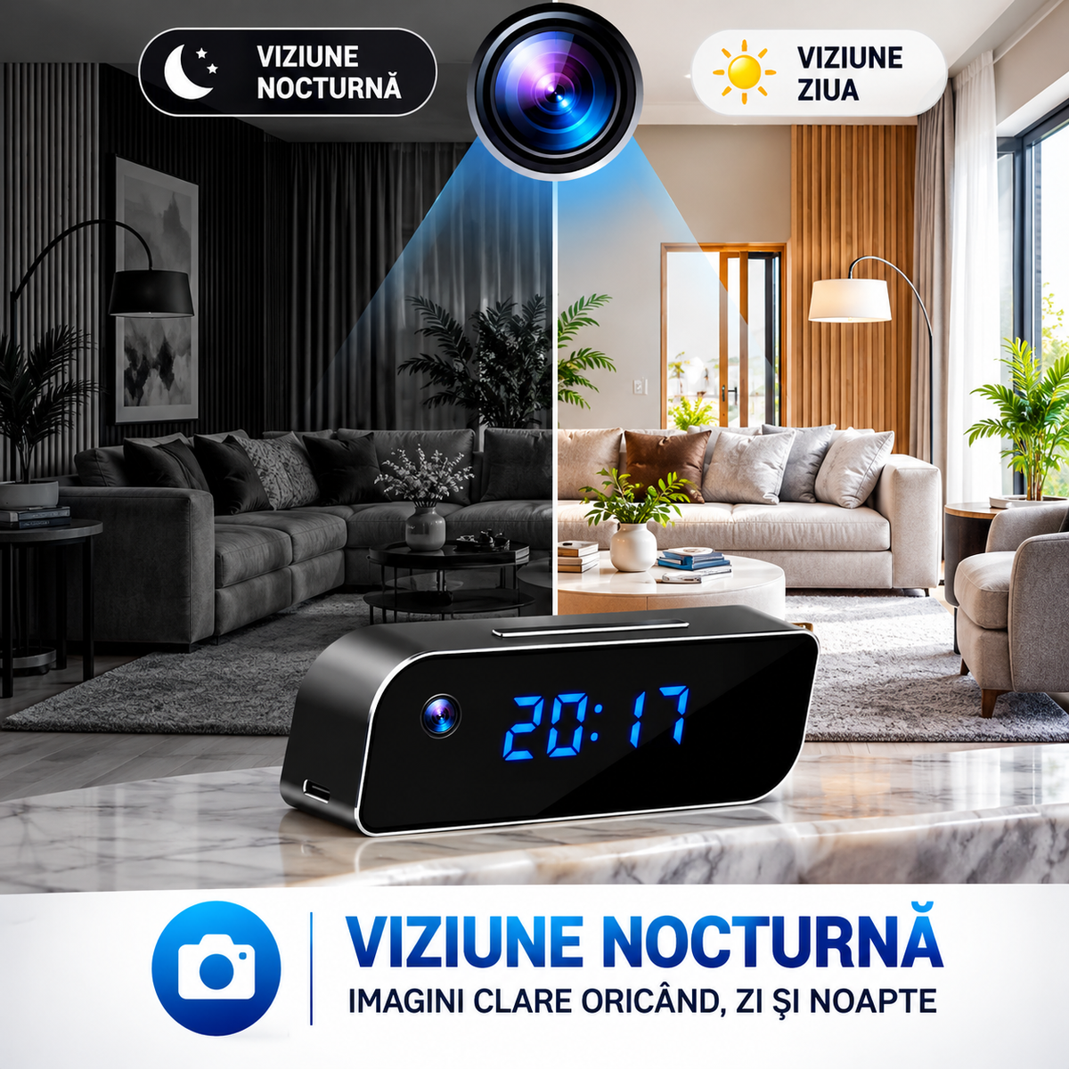 Ceas Digital cu Cameră de Supraveghere WiFi, Full HD 1080P, Viziune Nocturnă, Detecție Mișcare, Microfon, Negru
