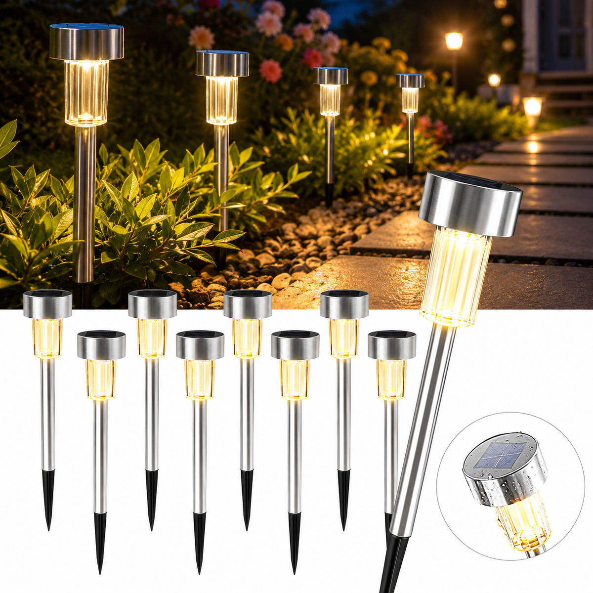 Set 12 Lămpi Solare LED pentru Grădină, Inox, Senzor de Lumină, IP44, 6500K