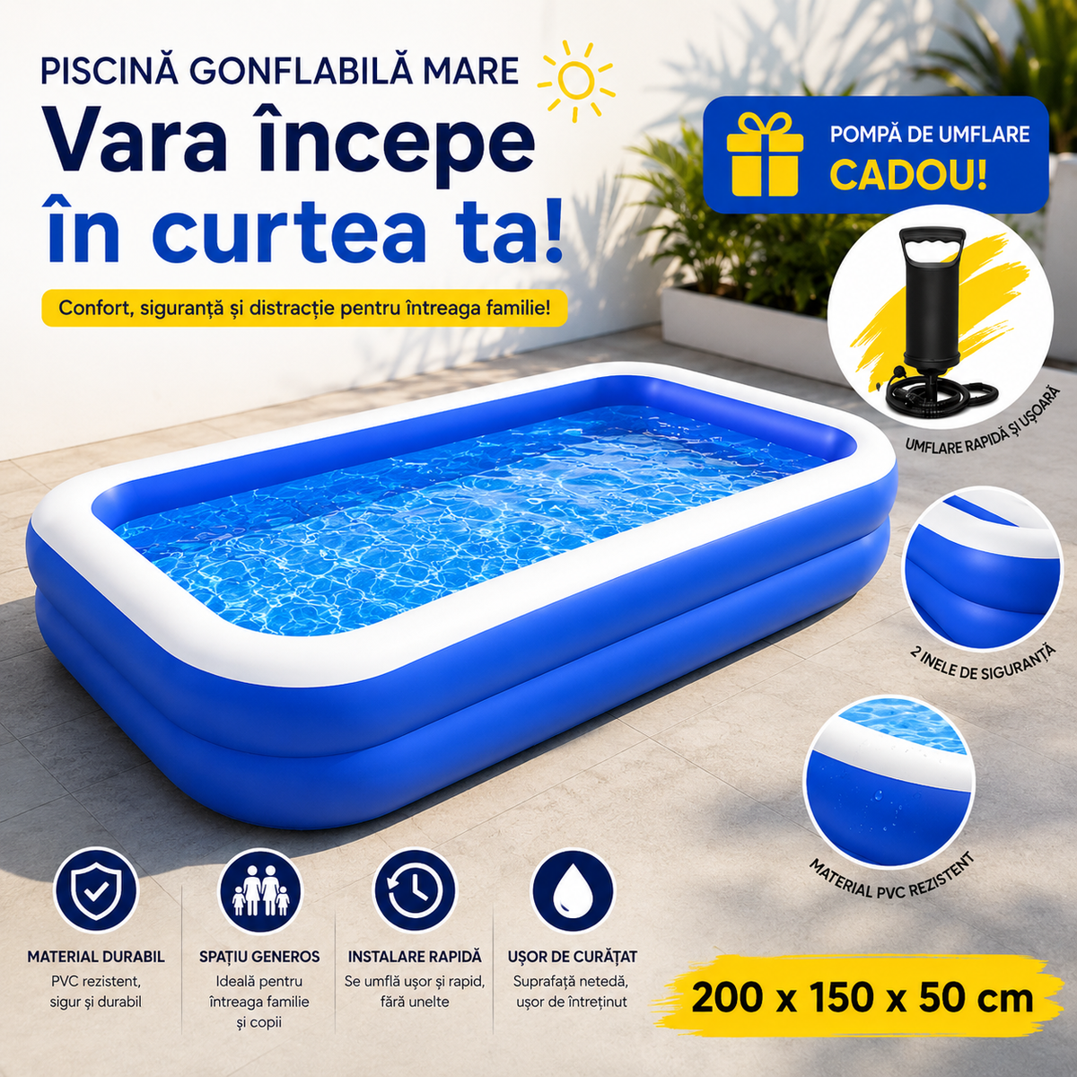 Piscina Gonflabila Familiala 200x150x50 cm, PVC, Pompa Inclusa
