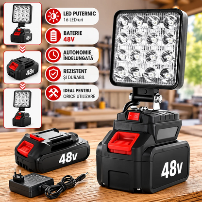 Lampă LED Portabilă 48W cu Acumulator 48V și Cap Reglabil 90°