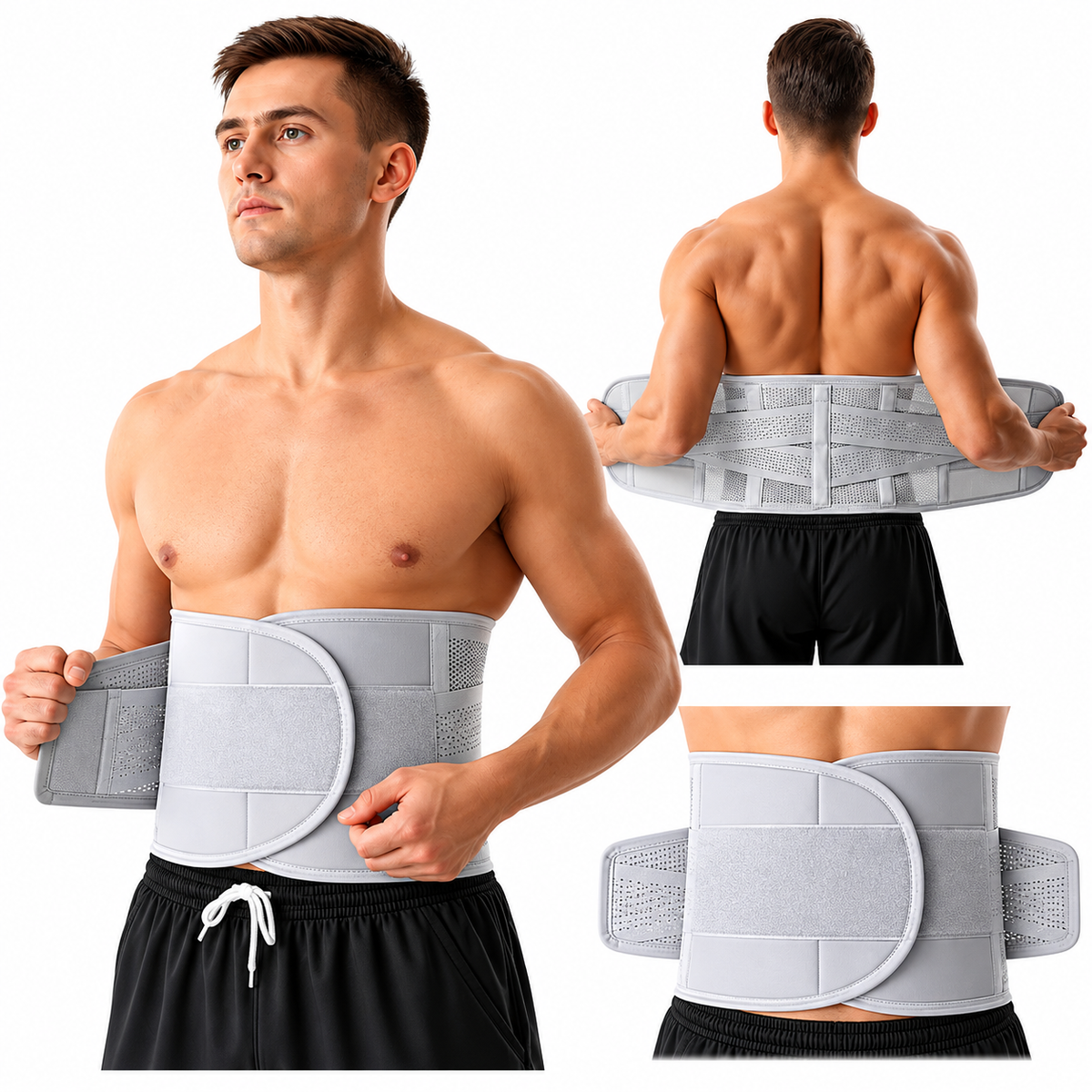 Centură Lombară Ajustabilă, Suport pentru Spate, Compresie Dublă, Material Respirabil, Fixare Velcro, Unisex, Gri