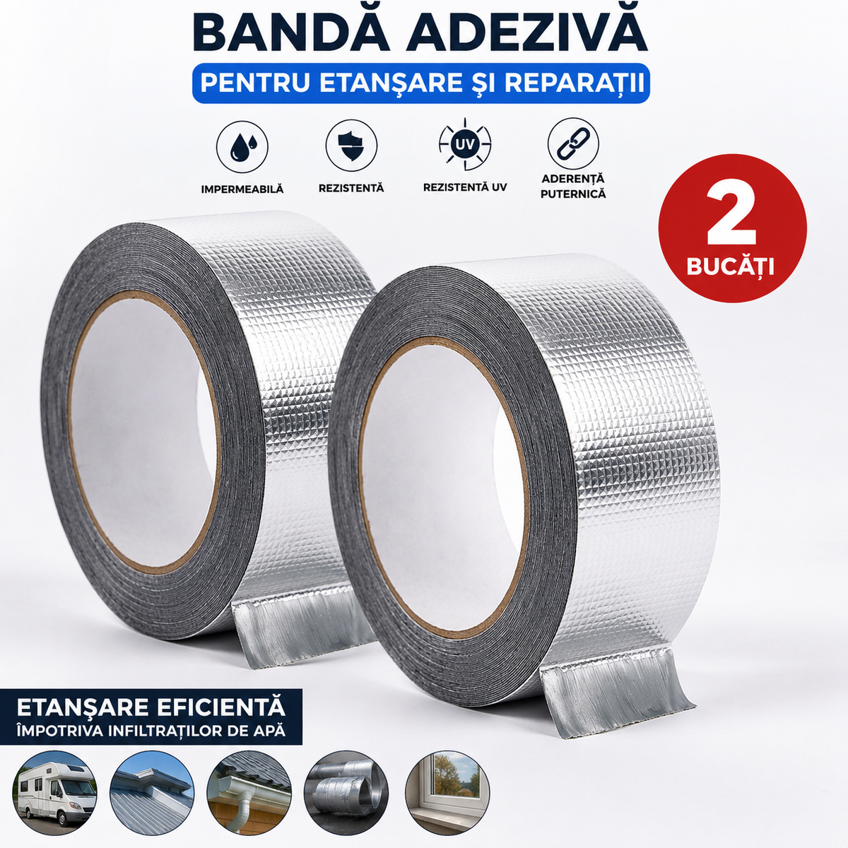 1+1 CADOU Banda adeziva durabila tip folie, rezistenta la apa, aderenta sporita 5 cm x 5 m