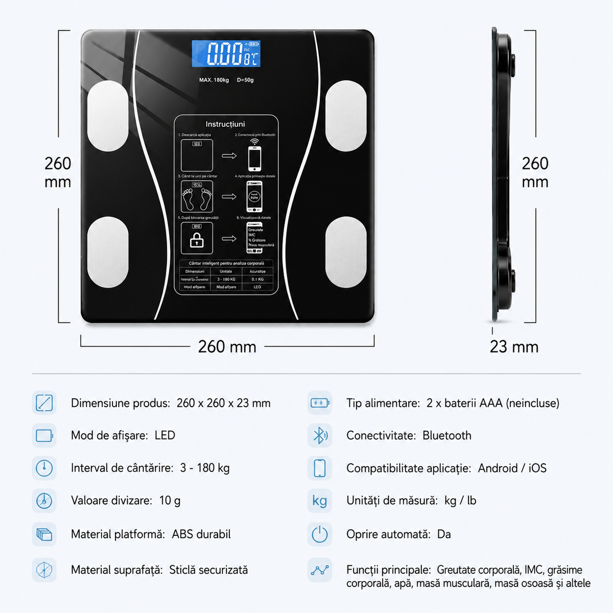 Cantar Smart Bluetooth cu Analiza Corporala Completa, IMC, Grasime, Masa Musculara si Apa Corporala, Aplicatie Android/iOS, Display LED, 180 Kg, Sticla Securizata PromotiiZilnice