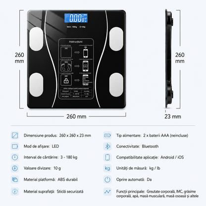 Cantar Smart Bluetooth cu Analiza Corporala Completa, IMC, Grasime, Masa Musculara si Apa Corporala, Aplicatie Android/iOS, Display LED, 180 Kg, Sticla Securizata PromotiiZilnice