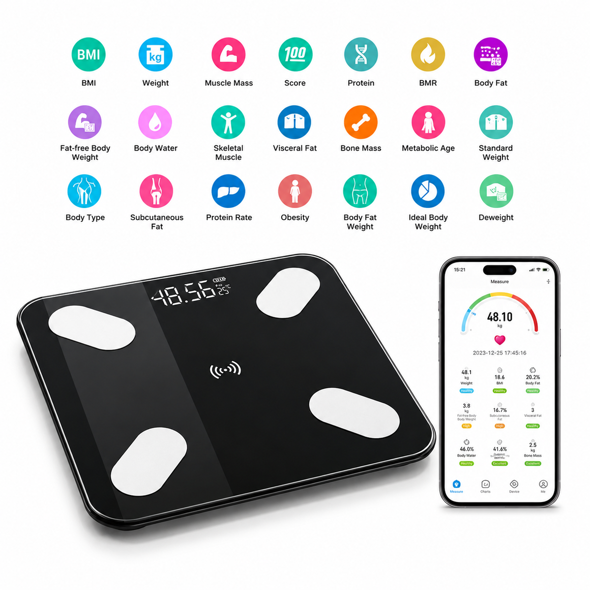 Cantar Smart Bluetooth 180 kg – Analiza Corporala, LED, Android/iOS