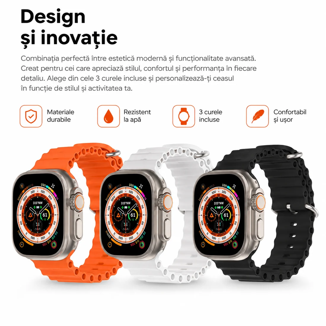 Ceas Smart Ultra cu 3 Curele, Apeluri Bluetooth, Monitorizare Activitate, Moduri Sport și IP65