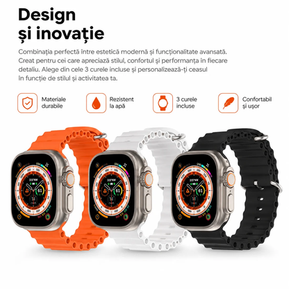 Ceas Smart Ultra cu 3 Curele, Apeluri Bluetooth, Monitorizare Activitate, Moduri Sport și IP65