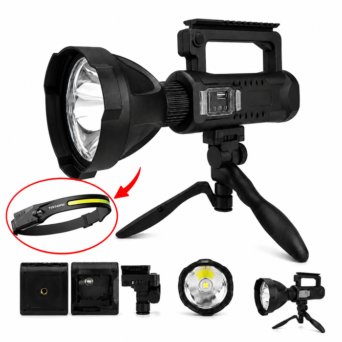 Lanterna LED Profesionala 4000 Lumeni cu Powerbank, Trepied Inclus, 4 Moduri Iluminare, USB, Raza Lunga + CADOU Lanterna Frontala cu Senzor Miscare