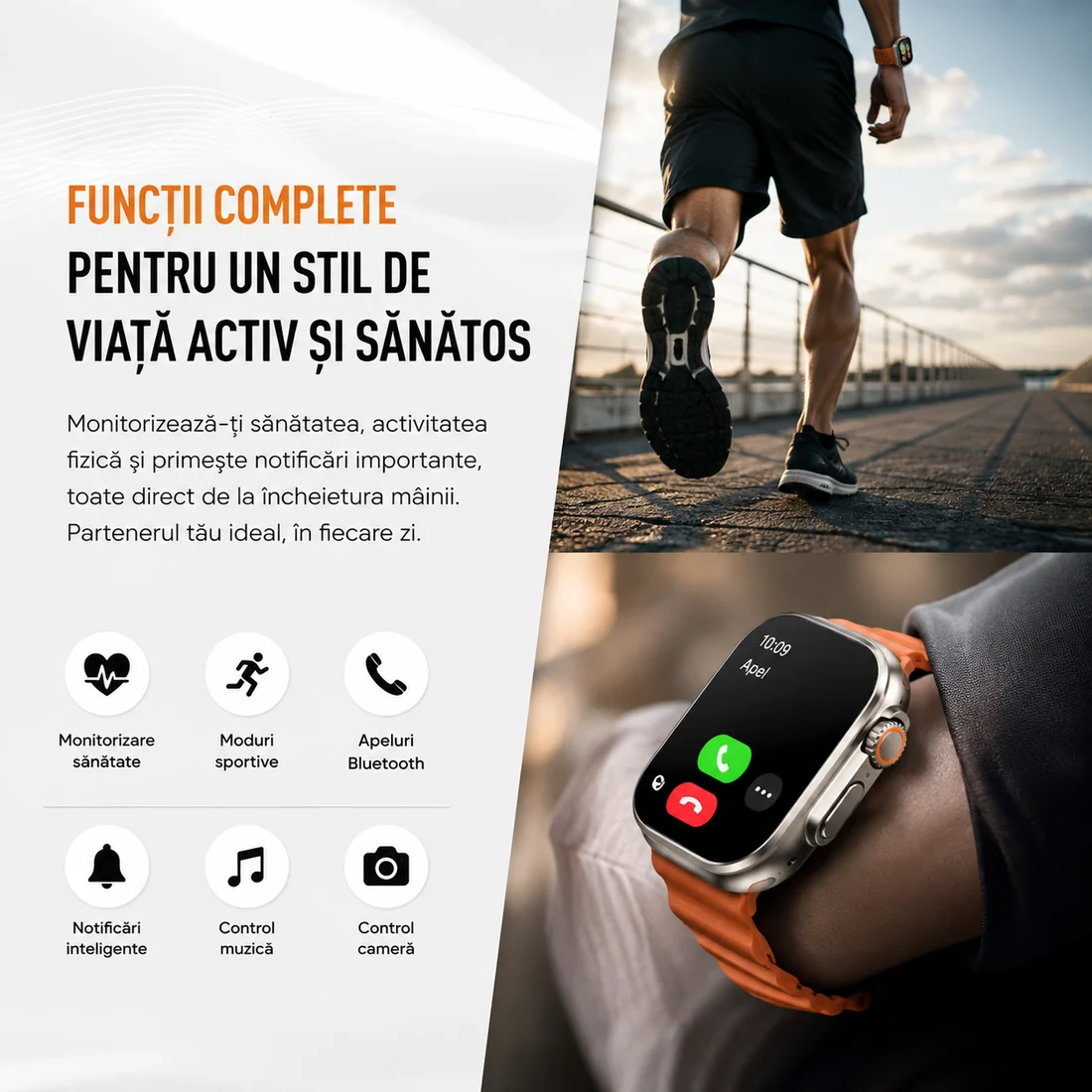 Ceas Smart Ultra cu 3 Curele, Apeluri Bluetooth, Monitorizare Activitate, Moduri Sport și IP65