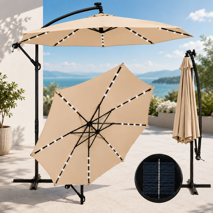 Umbrela Solara de Gradina 305 cm, 24 LED, Inclinare Reglabila, Bej