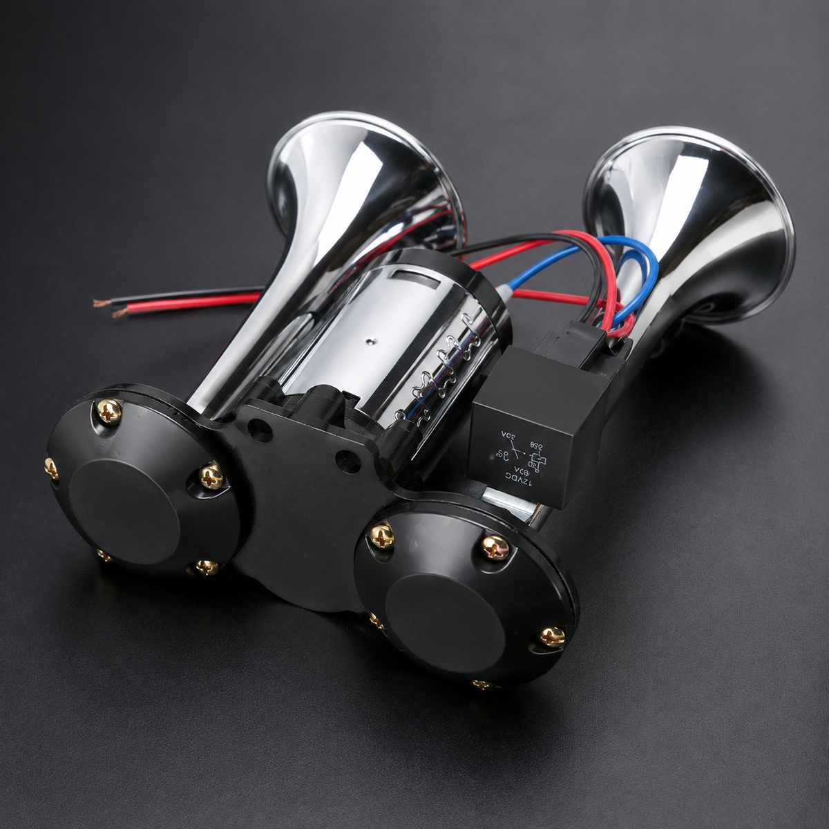 Claxon Auto 12V cu 2 Goarne Cromate și Compresor Inclus