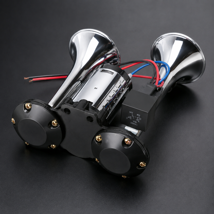 Claxon Auto 12V cu 2 Goarne Cromate și Compresor Inclus
