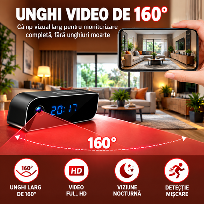 Ceas Digital cu Cameră de Supraveghere WiFi, Full HD 1080P, Viziune Nocturnă, Detecție Mișcare, Microfon, Negru